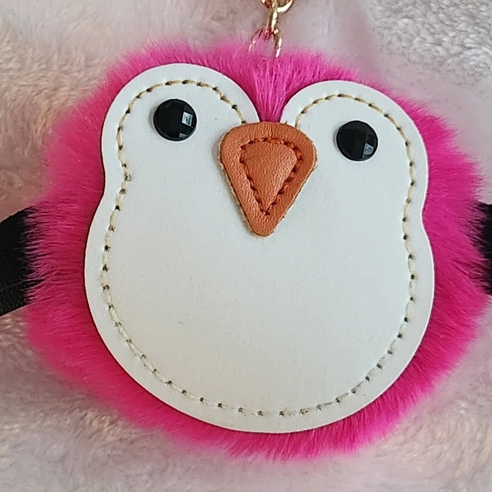 Pink Penguin Keychain with Gold Accents Fluffy Bag Charm